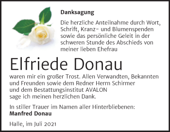 Traueranzeige von Elfriede Donau von Mitteldeutsche Zeitung Halle/Saalkreis