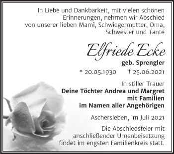 Traueranzeige von Elfriede Ecke von Trauerkombi Aschersleben