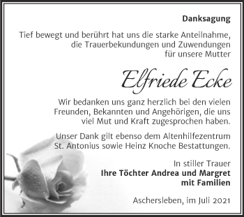 Traueranzeige von Elfriede Ecke von Trauerkombi Aschersleben