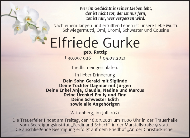  Traueranzeige für Elfriede Gurke vom 10.07.2021 aus Trauerkombi Wittenberg