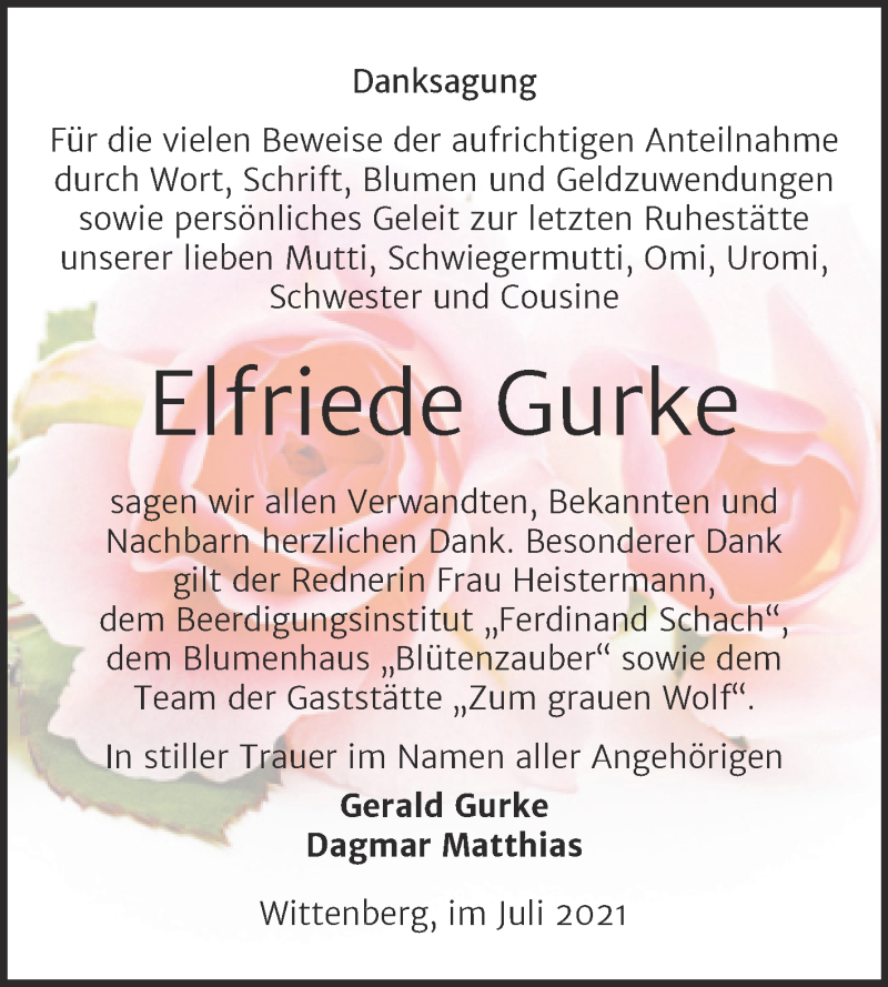  Traueranzeige für Elfriede Gurke vom 24.07.2021 aus Trauerkombi Wittenberg