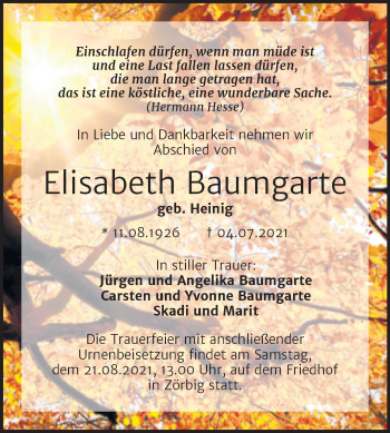 Traueranzeige von Elisabeth Baumgarte von Trauerkombi Bitterfeld