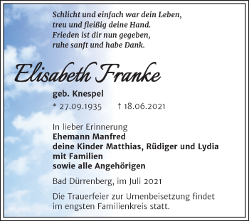 Traueranzeige von Elisabeth Franke von Trauerkombi Merseburg