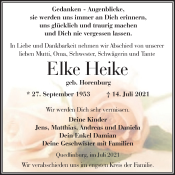 Traueranzeige von Elke Heike von Trauerkombi Quedlinburg