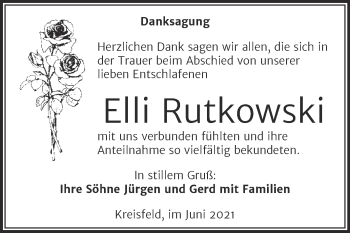 Traueranzeige von Elli Rutkowski von Trauerkombi Mansfelder Land