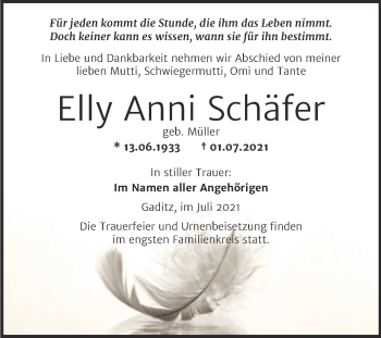 Traueranzeige von Elly Anni Schäfer von Trauerkombi Wittenberg