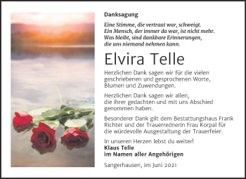 Traueranzeige von Elvira Telle von Trauerkombi Sangerhausen