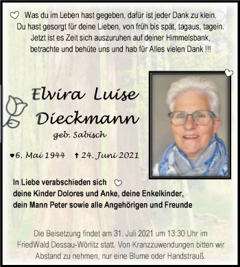 Traueranzeige von Elvira Luise Dieckmann von Trauerkombi Bitterfeld