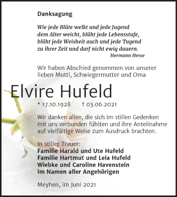 Traueranzeige von Elvire Hufeld von Naumburger Tageblatt