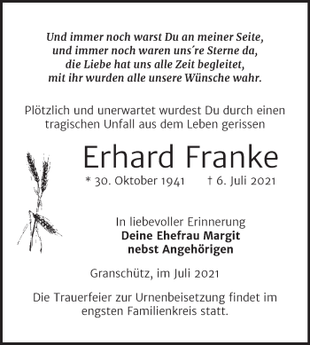 Traueranzeige von Erhard Franke von Trauerkombi Weißenfels