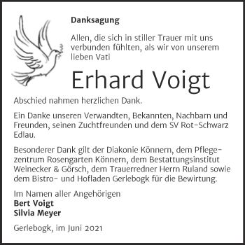 Traueranzeige von Erhard Voigt von Trauerkombi Bernburg