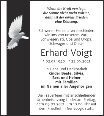 Traueranzeige von Erhard Voigt von Trauerkombi Bernburg