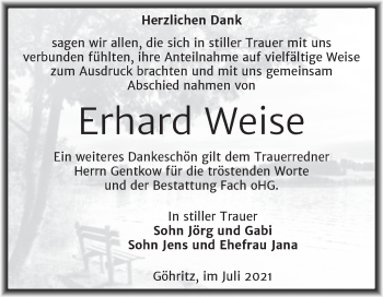 Traueranzeige von Erhard Weise von Trauerkombi Merseburg