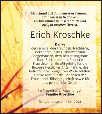 Traueranzeige von Erich Kroschke von Trauerkombi Sangerhausen