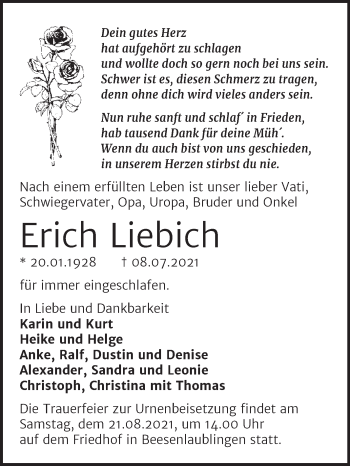Traueranzeige von Erich Liebich von Trauerkombi Bernburg
