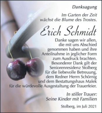 Traueranzeige von Erich Schmidt von Trauerkombi Sangerhausen