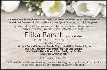 Traueranzeige von Erika Barsch von Trauerkombi Aschersleben