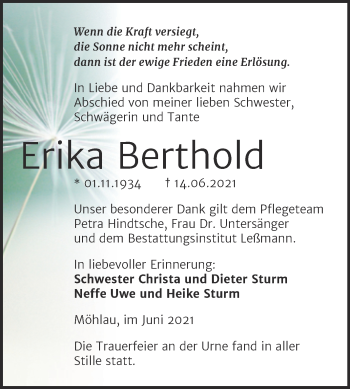 Traueranzeige von Erika Berthold von Trauerkombi Wittenberg