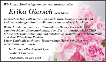Traueranzeige von Erika Giersch von Trauerkombi Quedlinburg