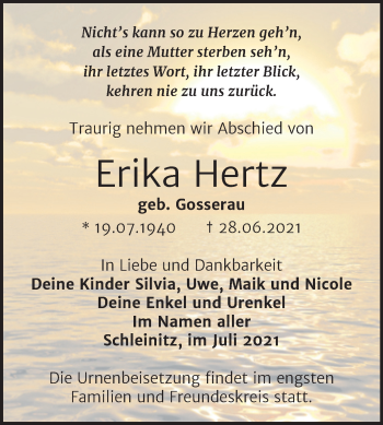 Traueranzeige von Erika Hertz von Trauerkombi Zeitz
