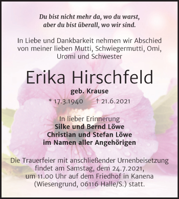 Traueranzeige von Erika Hirschfeld von Mitteldeutsche Zeitung Halle/Saalkreis