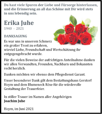 Traueranzeige von Erika Juhe von Trauerkombi Aschersleben