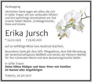 Traueranzeige von Erika Jursch von Trauerkombi Merseburg