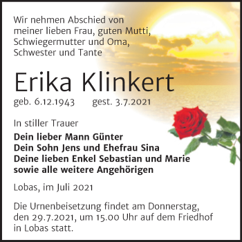 Traueranzeige von Erika Klinkert von Trauerkombi Zeitz