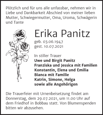 Traueranzeige von Erika Panitz von Trauerkombi Bitterfeld