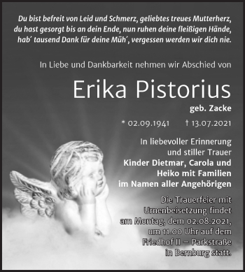 Traueranzeige von Erika Pistorius von Trauerkombi Bernburg