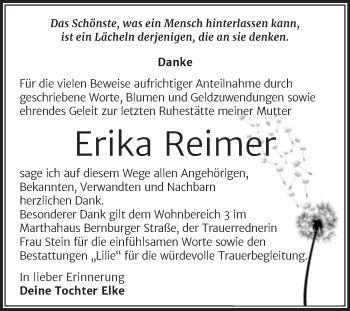 Traueranzeige von Erika Reimer von Trauerkombi Dessau