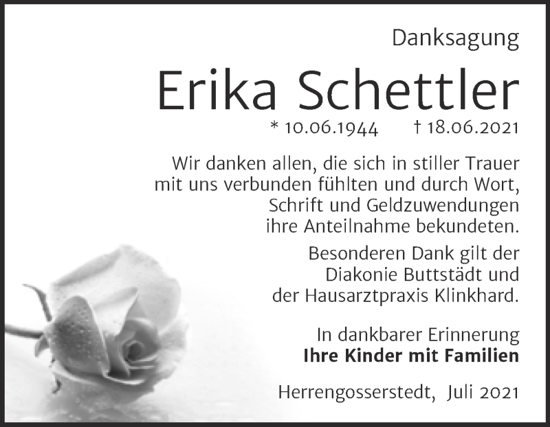 Traueranzeigen von Erika Schettler www.abschiednehmen.de