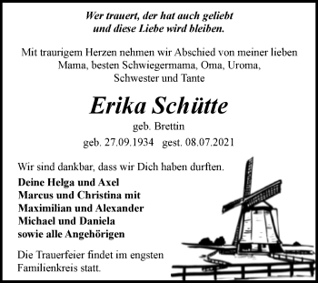 Traueranzeige von Erika Schütte von Trauerkombi Quedlinburg