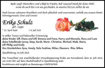 Traueranzeige von Erika Schulz von Trauerkombi Quedlinburg