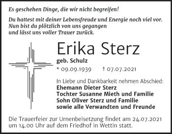 Traueranzeige von Erika Sterz von Mitteldeutsche Zeitung Halle/Saalkreis