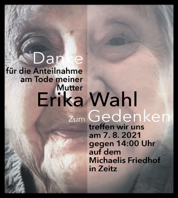 Traueranzeige von Erika Wahl von Trauerkombi Zeitz