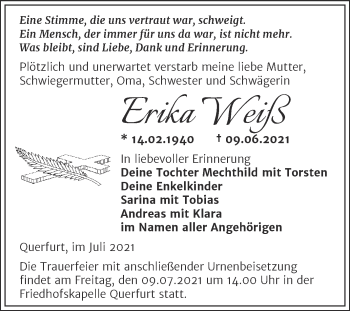 Traueranzeige von Erika Weiß von Trauerkombi Merseburg
