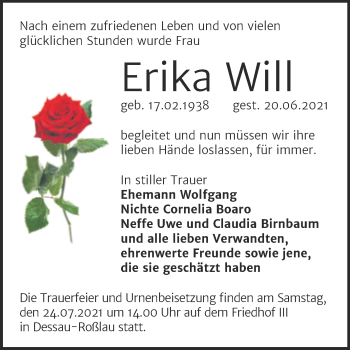 Traueranzeige von Erika Will von Trauerkombi Dessau
