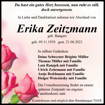 Traueranzeige von Erika Zeitzmann von Trauerkombi Quedlinburg