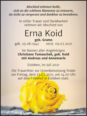 Traueranzeige von Erna Koid von Trauerkombi Mansfelder Land