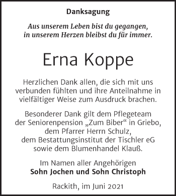 Traueranzeige von Erna Koppe von Trauerkombi Wittenberg