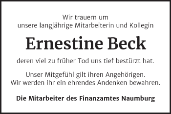 Traueranzeige von Ernestine Beck von Naumburger Tageblatt