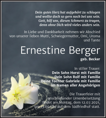 Traueranzeige von Ernestine Berger von Mitteldeutsche Zeitung Halle/Saalkreis