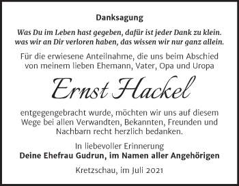 Traueranzeige von Ernst Hackel von Trauerkombi Zeitz