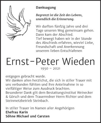 Traueranzeige von Ernst-Peter Wieden von Trauerkombi Bernburg