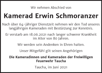 Traueranzeige von Erwin Schmoranzer von Trauerkombi Weißenfels