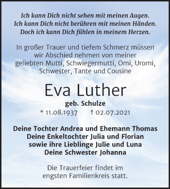 Traueranzeige von Eva Luther von Trauerkombi Bernburg