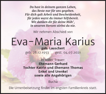 Traueranzeige von Eva-Maria Karius von Wochenspiegel Naumburg/Nebra