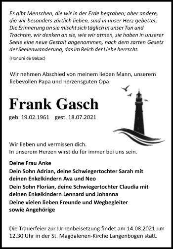 Traueranzeige von Frank Gasch von Mitteldeutsche Zeitung Halle/Saalkreis