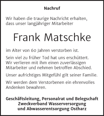 Traueranzeige von Frank Matschke von Mitteldeutsche Zeitung Quedlingburg
